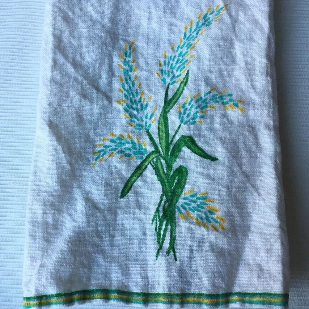 2 Vintage Linen Kitchen Dish Towel Fabric Corn Plant Art Farm Country Rustic